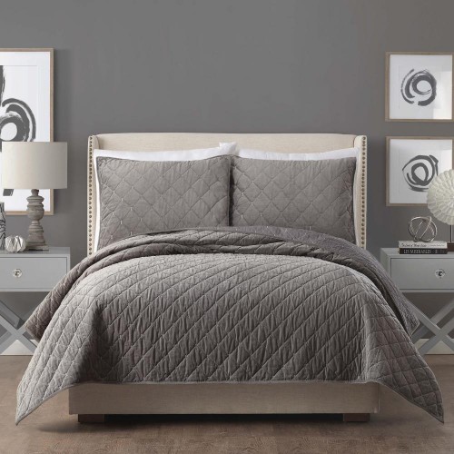 Comforters & Bedspreads| Ayesha Curry Cotton Velvet Gray Reversible Full/Queen Quilt (Cotton with Cotton Fill) - OA39013