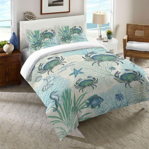 Comforters & Bedspreads| Laural Home Blue Crab Multi-colored Multi Twin Comforter (Cotton with Polyester Fill) - NM89753
