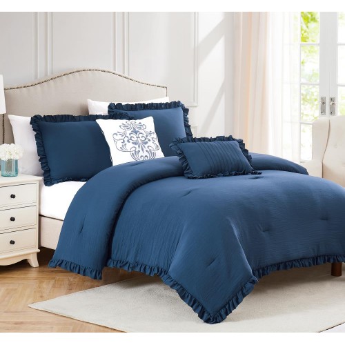Comforters & Bedspreads| Olivia Gray Portland Ruffled Comforter Set Navy Solid Queen Comforter (Microfiber with Polyester Fill) - ID40532