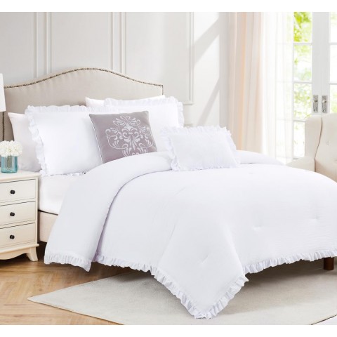 Comforters & Bedspreads| Olivia Gray Portland Ruffled Comforter Set White Solid King Comforter (Microfiber with Polyester Fill) - HJ43613