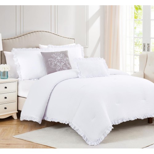 Comforters & Bedspreads| Olivia Gray Portland Ruffled Comforter Set White Solid King Comforter (Microfiber with Polyester Fill) - HJ43613