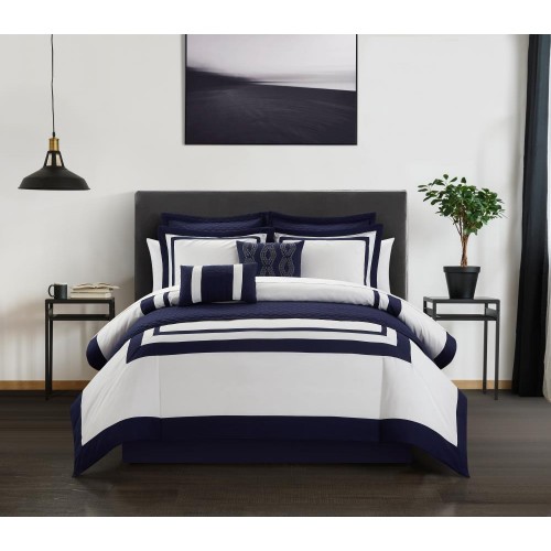 Bedding Sets| Chic Home Design Hortense 9-Piece Navy Twin Comforter Set - TB47016