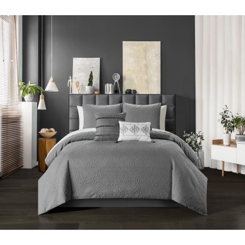 Bedding Sets| Chic Home Design Mayflower 5-Piece Grey Queen Comforter Set - IQ26912