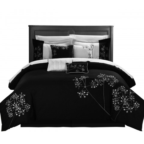 Bedding Sets| Chic Home Design Pink Floral 8-Piece Black White King Comforter Set - FO78969