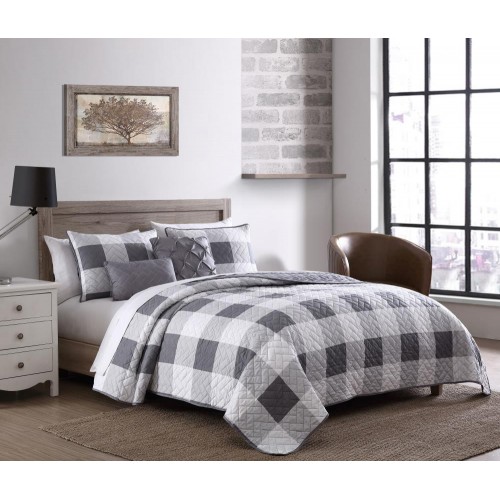 Bedding Sets| Geneva Home Fashion Buffalo Plaid 5-Piece Grey/White Queen Quilt Set - HA21066