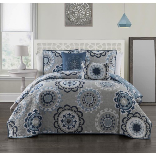Bedding Sets| Geneva Home Fashion Elsa 5-Piece Blue King Quilt Set - FN84813