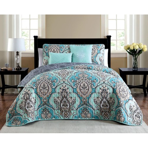 Bedding Sets| Geneva Home Fashion Odette 5-Piece Teal King Quilt Set - XR88547
