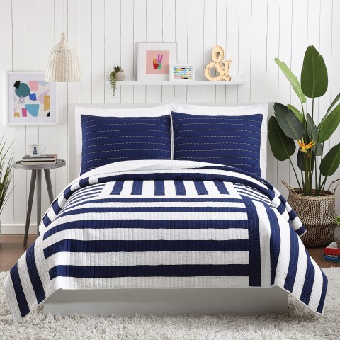 Bedding Sets| Makers Collective Block Stripe 3-Piece Blue Full/Queen Quilt Set - HE32472