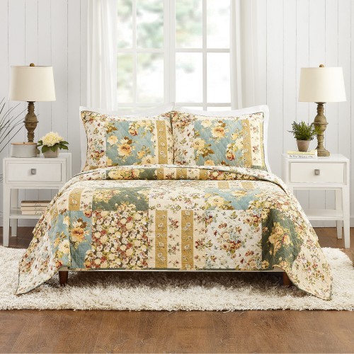 Bedding Sets| Modern Heirloom Floral patch qlt st 3-Piece Ivory Full/Queen Quilt Set - NK00370