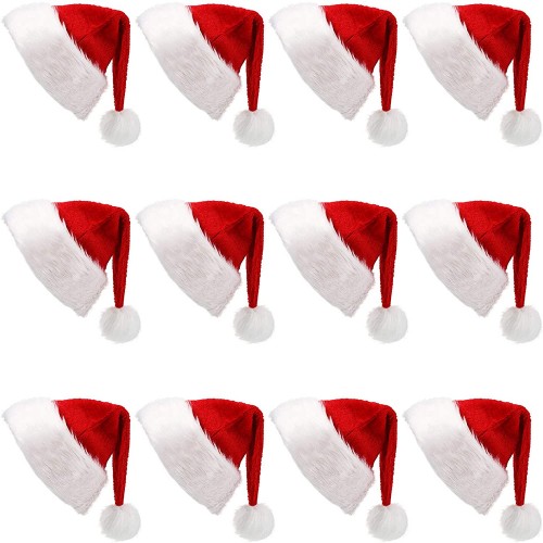 12 Pack Plush Santa Hat Red Christmas Santa Hat for Xmas Party Favors for Women Men Adults