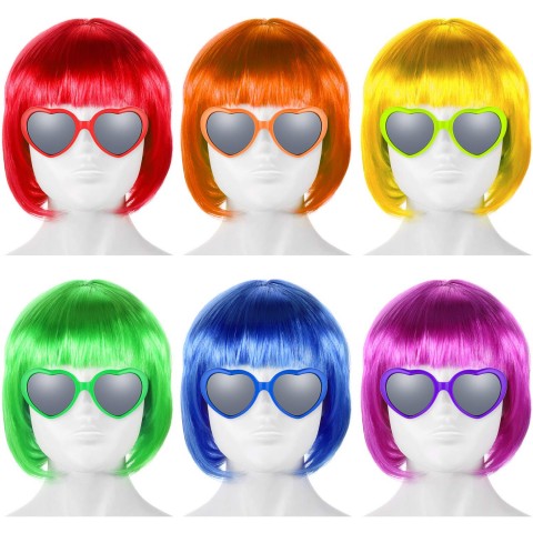 12 Pieces Colorful Party Wigs and Sunglass Set Neon Short Bob Wig Sunglass Pack Costume Cosplay Wig Daily Party Hairpieces for Neon Halloween Party Favors Decorations