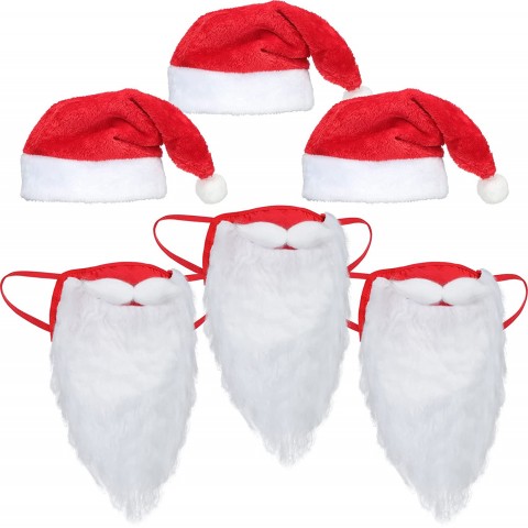 3 Sets Christmas Hat and Santa Claus Beard Mask Xmas Face Coverings for Adults Holiday Santa Costume Santa Hat Funny Bearded Cloth for Christmas Halloween Festive Party Supplies