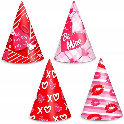 4Pcs Valentine's Day Cone Party Hats Photo Props Be Mine Red Lip Kiss XOXO Love Heart Shape Hat Romantic Decorations Caps Special Night for Couple Conversation Wedding Engagement Anniversary Party 8 Inch
