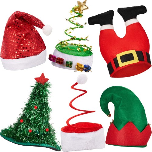 6 Pieces Christmas Hats Santa Xmas Hat Christmas Tree Hat Cap Elf Hat Coil Santa Hat for Adults Merry Xmas Carnival Party Costume Props