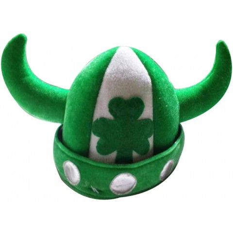 Amosfun St.Patricks Day Beanie Hat with Viking Horns Green Shamrock Pattern Irish Party Funny Hat Fancy Dress Hat