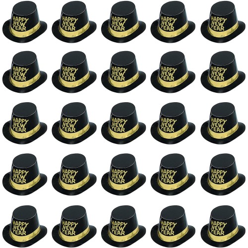 Beistle 25 Piece Black & Gold Paper Top Hats For Happy New Year's Eve Party Supplies One Size Fits Most Black Gold