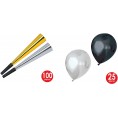 Beistle Super Deluxe Assortment for 100 People New Year’s Eve Party Supplies Photo Booth Props – Hats Tiaras Noisemakers Balloons One Size Black Silver Gold