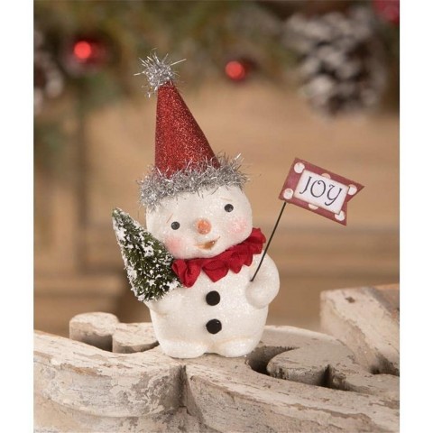 Bethany Lowe Snowman with Party Hat and Joy Flag Christmas Figure by Michelle Allen Red