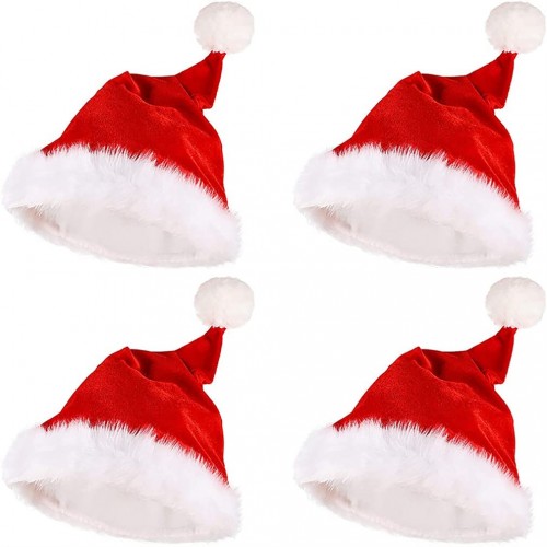 CNYDD Christmas Hat Santa Hat Xmas Hat for Adults,Unisex Velvet Extra Thicken Classic Santa Hat for New Year Festive Holiday Party Supplies in Traditional Red and White 4 Pack 16.5 L x 11.8 W