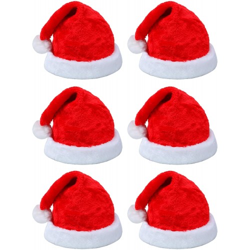 Elcoho 6 Pack Christmas Santa Red Hat Short Plush with White Cuffs Plush Fabric Santa Hat for Christmas Costume Party and Holiday Event