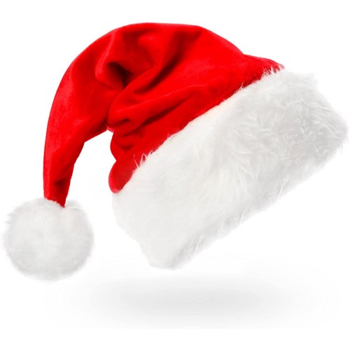 Ghormi 13″ Christmas Hat for Adults Unisex White soft Plush Brim Red Velvet Fabric Satin Lining Extra Thicken Classic Xmas Hat for Christmas Party Supplies
