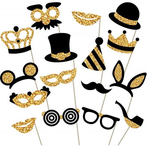 Gold Photo Booth Props Fully Assembled No DIY Required Mix of Hats Lips Mustaches Crowns and More 16 pcs Durable and Vibrant Perfect for Birthday Parties Weddings and More