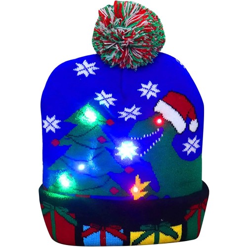 LED Christmas Hat Light Up Christmas Hat Knit Cap Unisex Blue Knitted Beanie Holiday Hat with Snowman Printing for Party