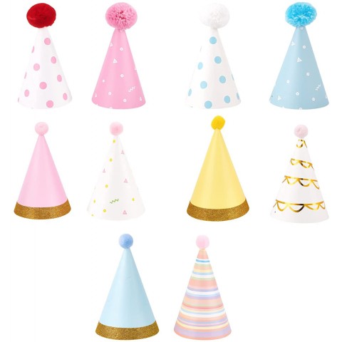 NBEADS 20 Sets 10 Styles Birthday Party Hats Colorful Party Cone Hats Pom Poms Paper Hats with Polyester and Iron Rope for Party Supplies Group Activities Games Decorations