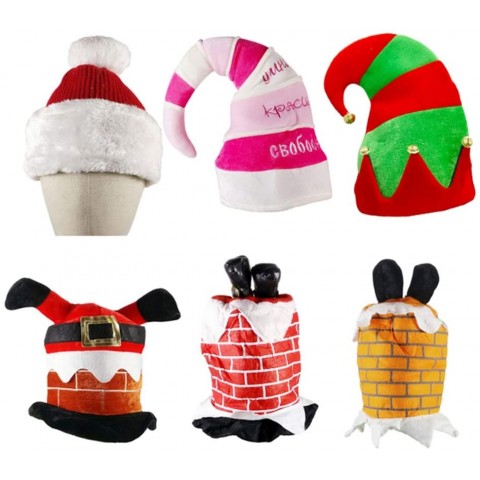 PDGJG 6pcs Christmas Red&Green Decorations Party Elf Santa Chimney Hat Decor Comedy Brick Feet Stuck Xmas Decorative Props Hats Gift
