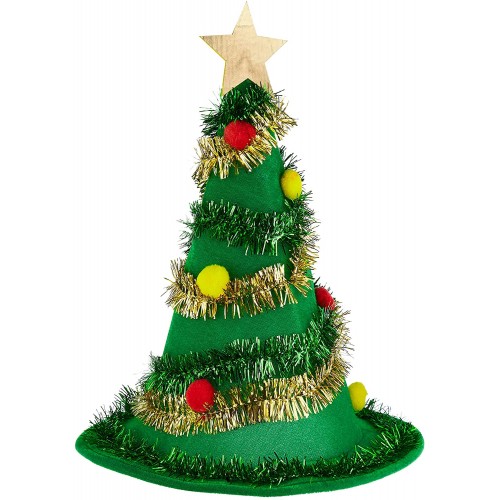 Pudgy Pedro's Party Supplies Christmas Hat Felt Christmas Tree Foam Hat Reusable Holiday Hats with Pompoms Tinsel Garland and a Star Tree Topper 12 x 10 x 1 in
