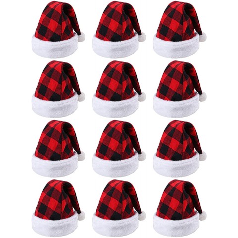 URATOT 12 Pack Christmas Santa Hat Plaid Santa Hat Luxury Plush Hat for Christmas Costume Party and Holiday Event