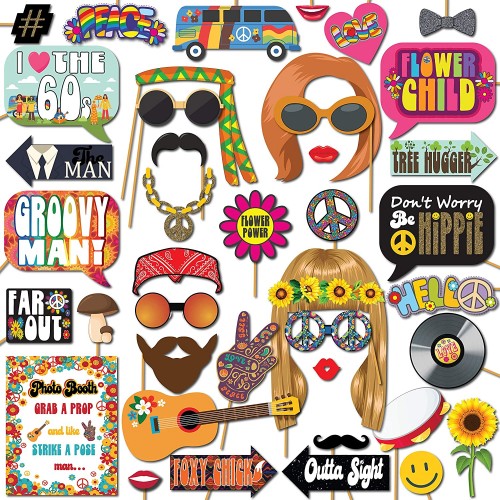 1960s Groovy Hippie Party Throwback Party Theme Photo Booth Props 41 Pieces with Wooden Sticks and Strike a Pose Sign by Outside The Booth