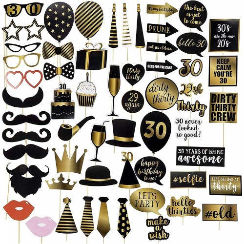 30th Birthday Photo Booth Props 60-Pack Birthday Party Supplies Selfie Props Party Favors for Cocktail Parties Black and Gold