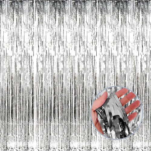 4 Pack Silver Foil Fringe Curtain Backdrop 3.28Ft x 8.2Ft Metallic Tinsel Foil Fringe Streamer Curtains for Party Photo Booth Props Birthday 2022 St. Patrick's Day Decoration Party Supplies