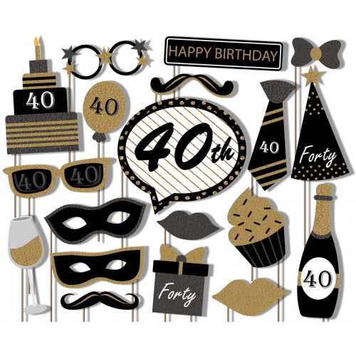 40th Birthday Party Black and Gold Photo Booth Props Kit 20 Pack Party Camera Props Fully Assembled