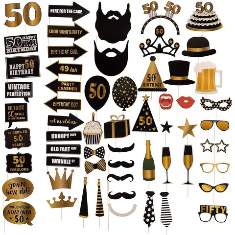 50th Birthday Photo Booth Props 60-Pack Birthday Party Supplies Selfie Props Party Favors for Cocktail Parties Black and Gold