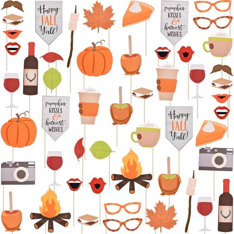 52 Pieces Happy Fall Yall Photo Booth Props Kit Thanksgiving Day Harvest Festival Pumpkin Party DIY Costumes Props with Wooden Sticks for Party Decorations