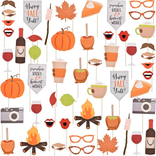 52 Pieces Happy Fall Yall Photo Booth Props Kit Thanksgiving Day Harvest Festival Pumpkin Party DIY Costumes Props with Wooden Sticks for Party Decorations