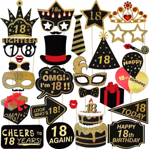 Adult Chic 18th Birthday Photo Booth Props28Pcs for Her Him Gold and Black Birthday Favor Decorations,18th Birthday Party Supplies for Men Women