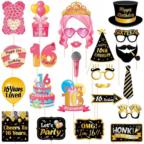 Amosfun 16th Birthday Party Photo Booth Props 16th Birthday Party Supplies Already Assembled with Wooden Stick and Strike a Pose Sign Selfie Props for Birthday Party Decoration Signs 24pcs
