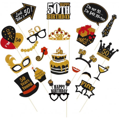 Amosfun 21PCS 50th Birthday Photo Booth Props Glitter Birthday Party Props Black and Gold 50th Birthday Themed Party Decorations Celebration 50th Birthday Party Favors Supplies