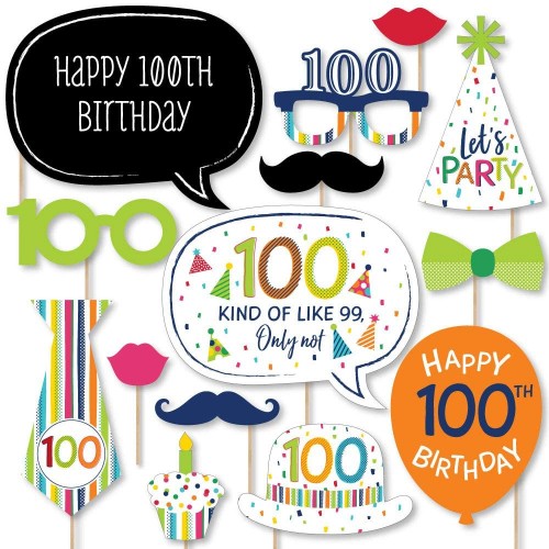 Big Dot of Happiness 100th Birthday Cheerful Happy Birthday Colorful One Hundredth Birthday Party Photo Booth Props Kit 20 Count
