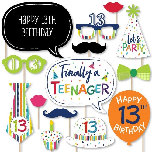 Big Dot of Happiness 13th Birthday Cheerful Happy Birthday Colorful Thirteenth Birthday Party Photo Booth Props Kit 20 Count