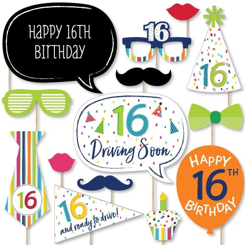 Big Dot of Happiness 16th Birthday Cheerful Happy Birthday Colorful Sweet Sixteen Birthday Party Photo Booth Props Kit 20 Count