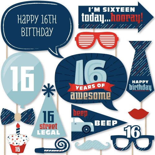 Big Dot of Happiness Boy 16th Birthday Sweet Sixteen Birthday Party Photo Booth Props Kit 20 Count
