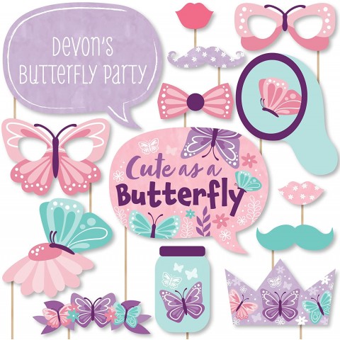 Big Dot of Happiness Custom Beautiful Butterfly Photo Booth Props Personalized Floral Baby Shower or Birthday Supplies 20 Selfie Props