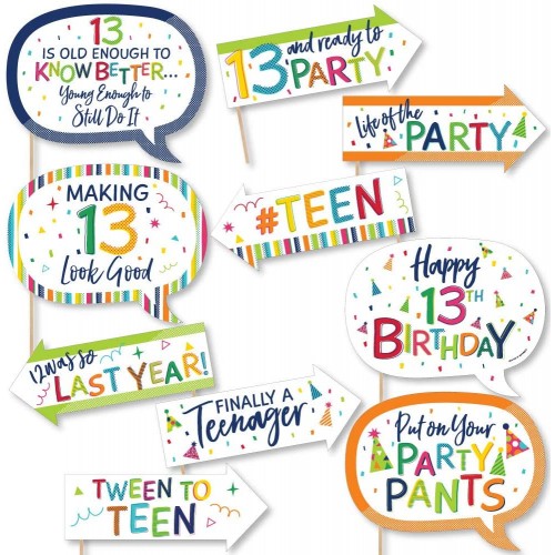 Big Dot of Happiness Funny 13th Birthday Cheerful Happy Birthday Colorful Thirteenth Birthday Party Photo Booth Props Kit 10 Piece
