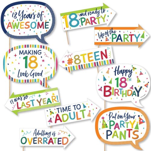 Big Dot of Happiness Funny 18th Birthday Cheerful Happy Birthday Colorful Eighteenth Birthday Party Photo Booth Props Kit 10 Piece