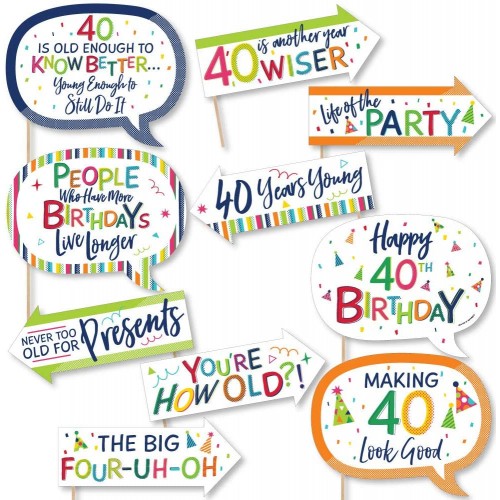 Big Dot of Happiness Funny 40th Birthday Cheerful Happy Birthday Colorful Fortieth Birthday Party Photo Booth Props Kit 10 Piece