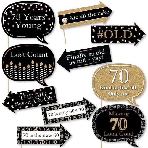 Big Dot of Happiness Funny Adult 70th Birthday Gold Birthday Party Photo Booth Props Kit 10 Piece